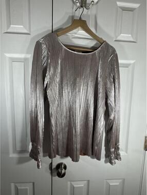 Ava & Viv Metallic Pleated Long Sleeve Top Silver 1X